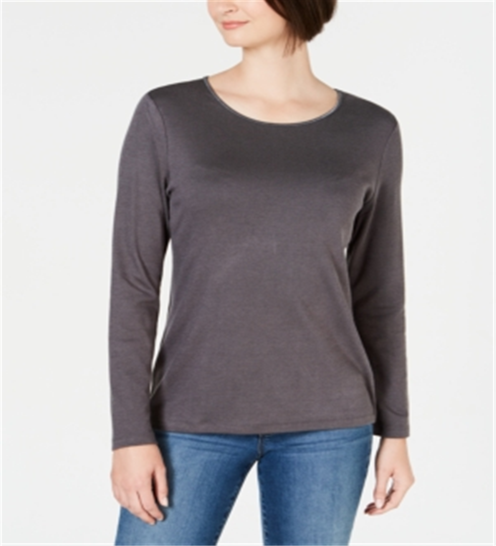 Karen Scott Top feminino com decote redondo e acabamento em cetim, cinza, tamanho 2XL
