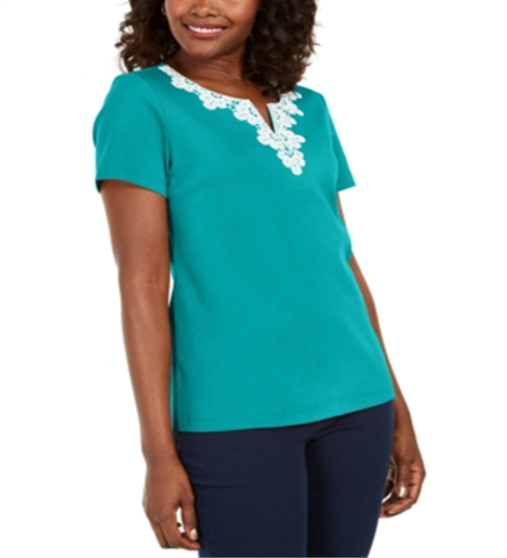 Blusa feminina Karen Scott com decote dividido e acabamento em crochê, azul, tamanho médio