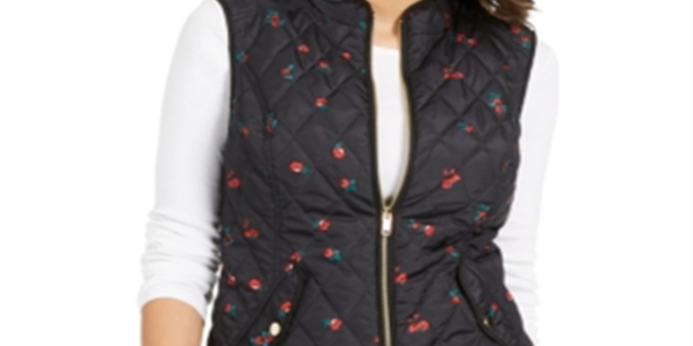 Colete feminino acolchoado com estampa floral e zíper Charter Club, preto, tamanho pequeno médio