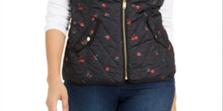 Colete feminino acolchoado com estampa floral e zíper Charter Club, preto, tamanho pequeno médio