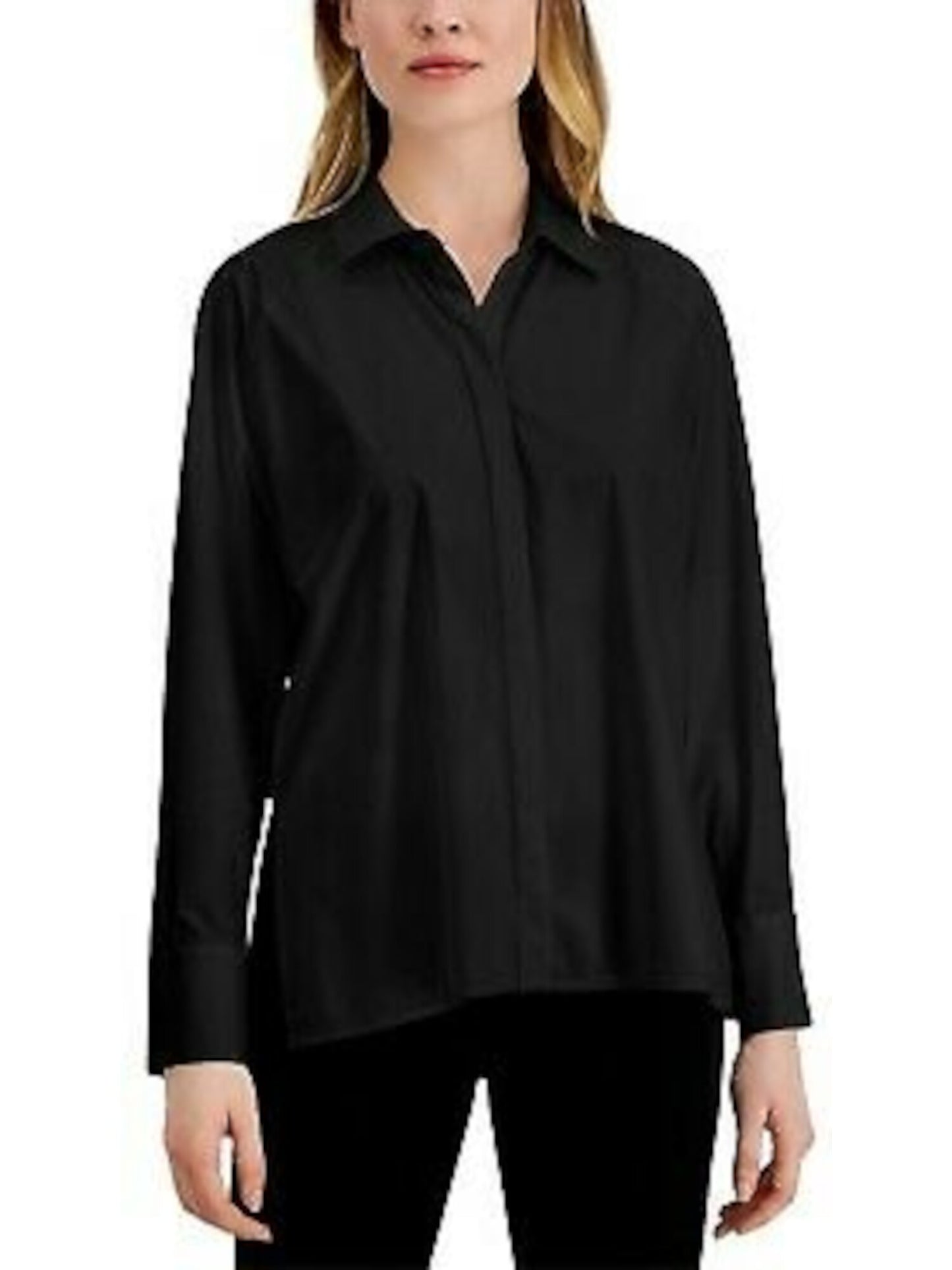 Blusa feminina Alfani com fenda lateral e manga comprida, preta, tamanho médio