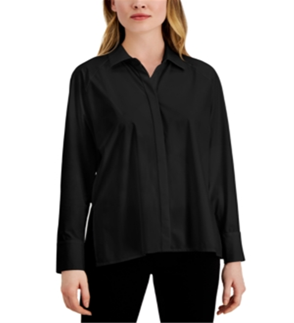 Blusa feminina Alfani com fenda lateral e manga comprida, preta, tamanho médio