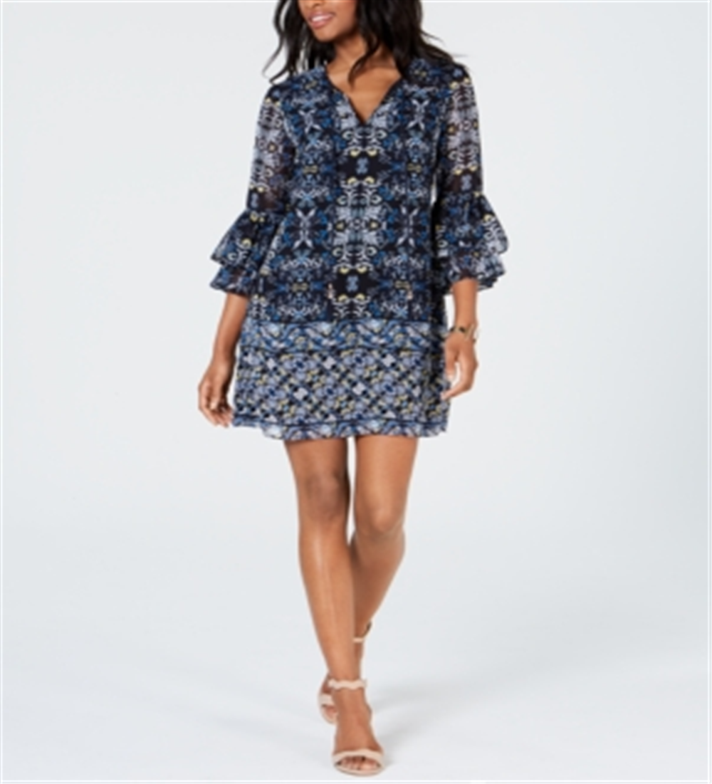 Vestido feminino Vince Camuto de chiffon com manga sino, azul, tamanho 6