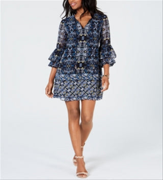 Vestido feminino Vince Camuto de chiffon com manga sino, azul, tamanho 6