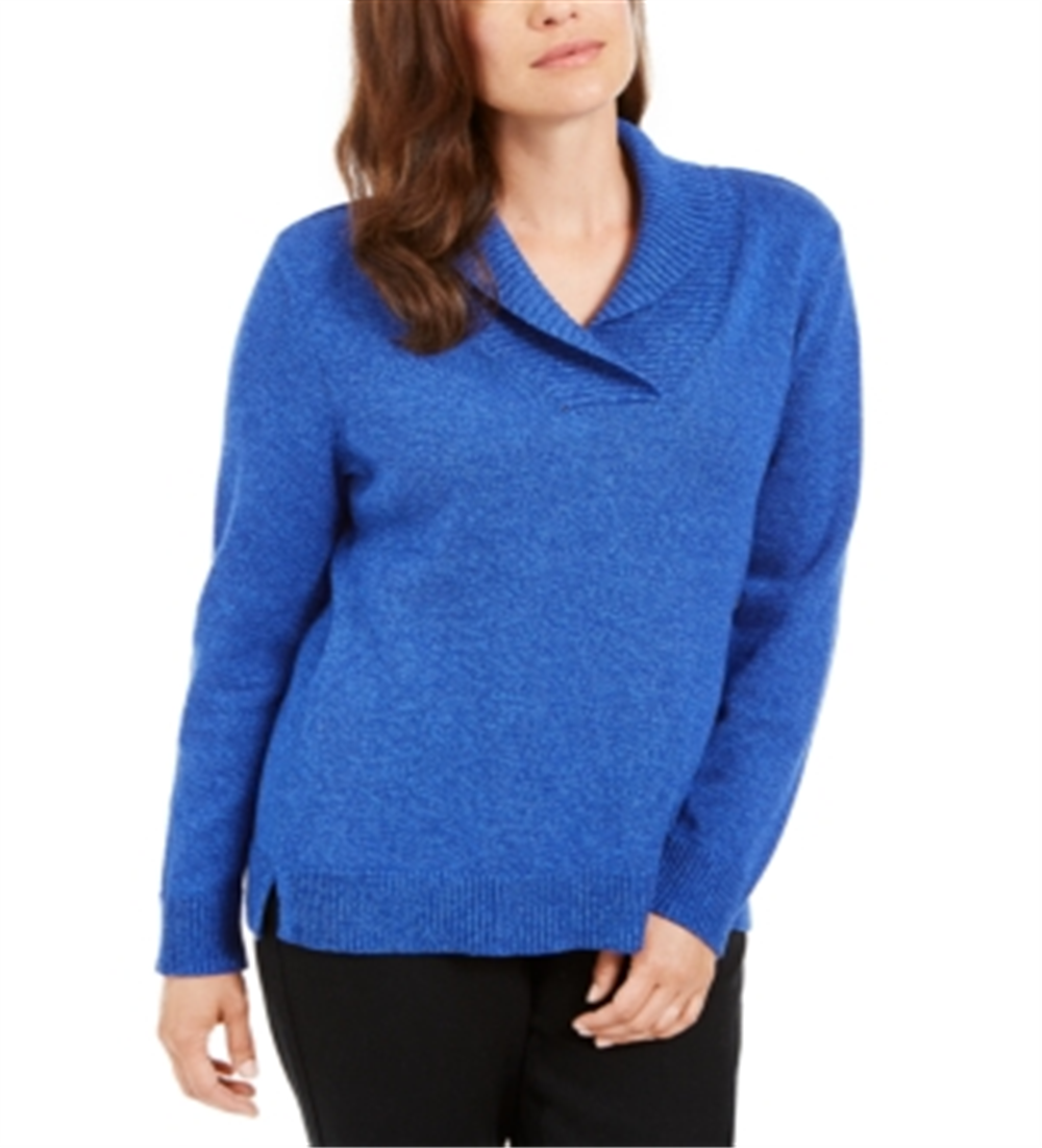 Karen Scott Suéter Feminino de Algodão Marmorizado com Gola Xale Azul Tamanho P