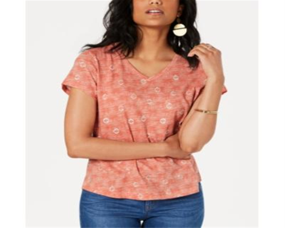 Camiseta feminina de algodão estampada com decote em V, tamanho pequeno, laranja, estilo &amp; co