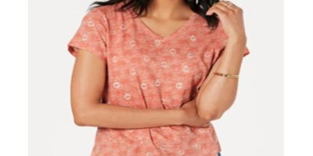 Camiseta feminina de algodão estampada com decote em V, tamanho pequeno, laranja, estilo &amp; co