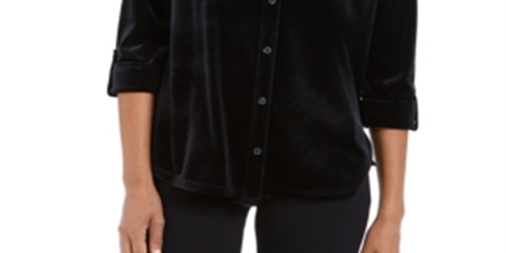 Charter Club Blusa de veludo feminina com botões frontais, preta, tamanho pequeno, extragrande