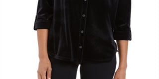 Charter Club Blusa de veludo feminina com botões frontais, preta, tamanho pequeno, extragrande