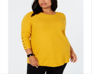 Suéter Alfani Feminino Plus com Detalhe de Botão e Canelado Amarelo Tamanho 0X