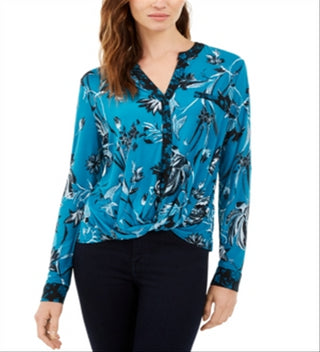 INC Women's  Twist-Front Top  - Pumpkin Blooms Green Size Medium
