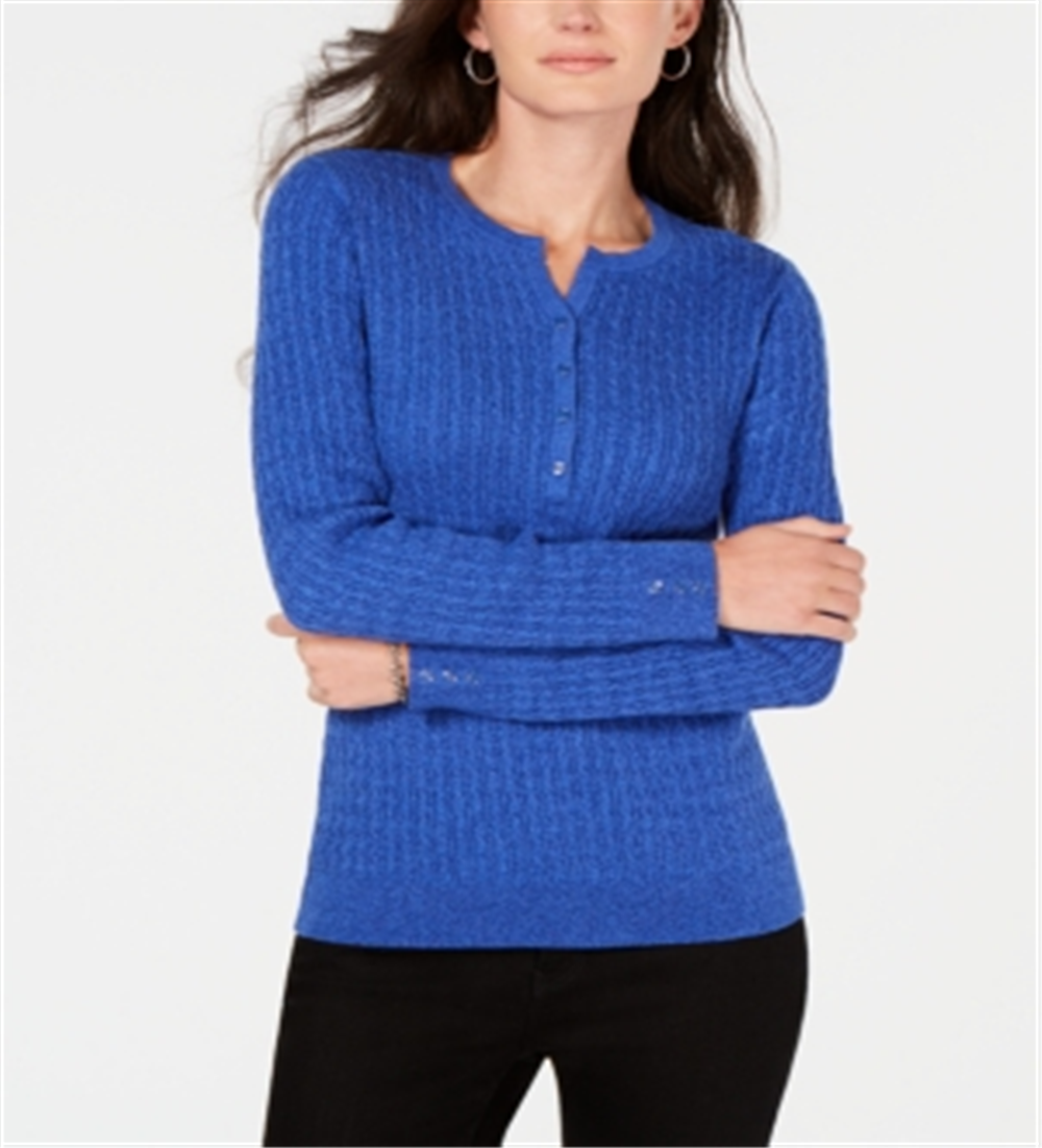 Karen Scott Suéter Henley de malha de algodão trançada feminino, azul, tamanho pequeno