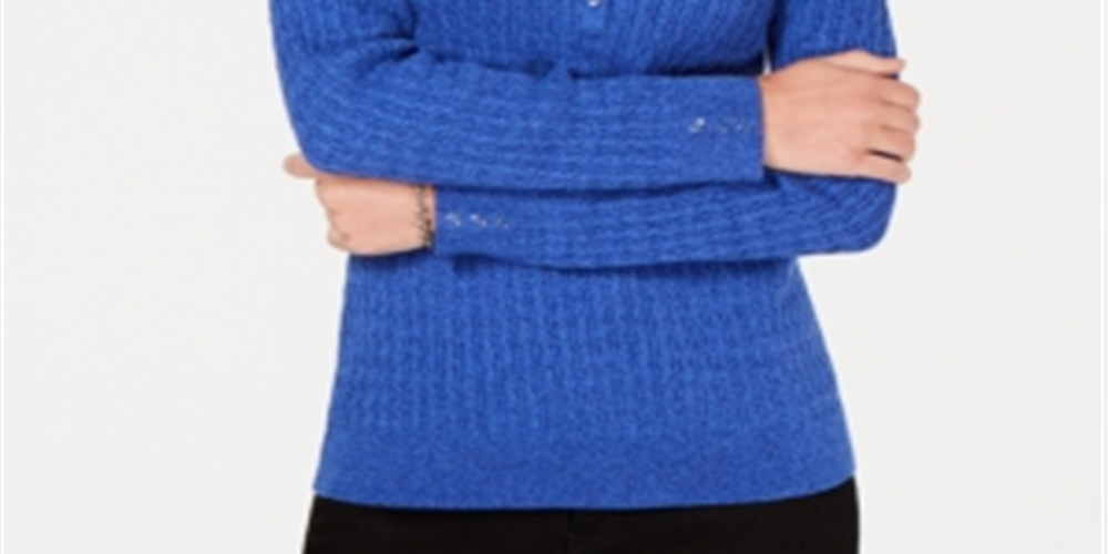 Karen Scott Suéter Henley de malha de algodão trançada feminino, azul, tamanho pequeno