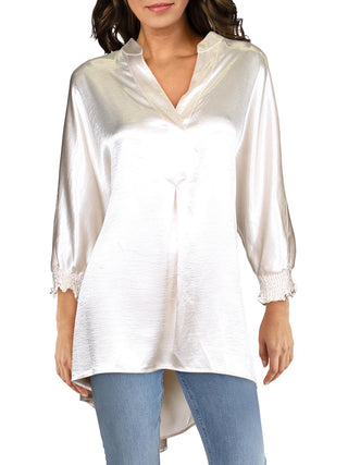 Anne Klein Top Túnica Feminina de Cetim Hi-Low Branco Tamanho Grande