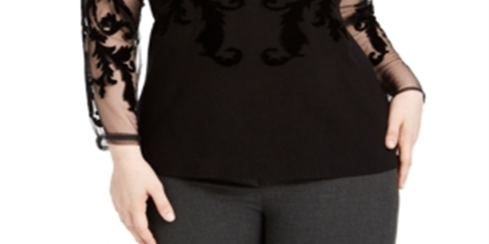 Suéter feminino de veludo flocado com manga de malha, preto, tamanho 4X, da INC International Concepts