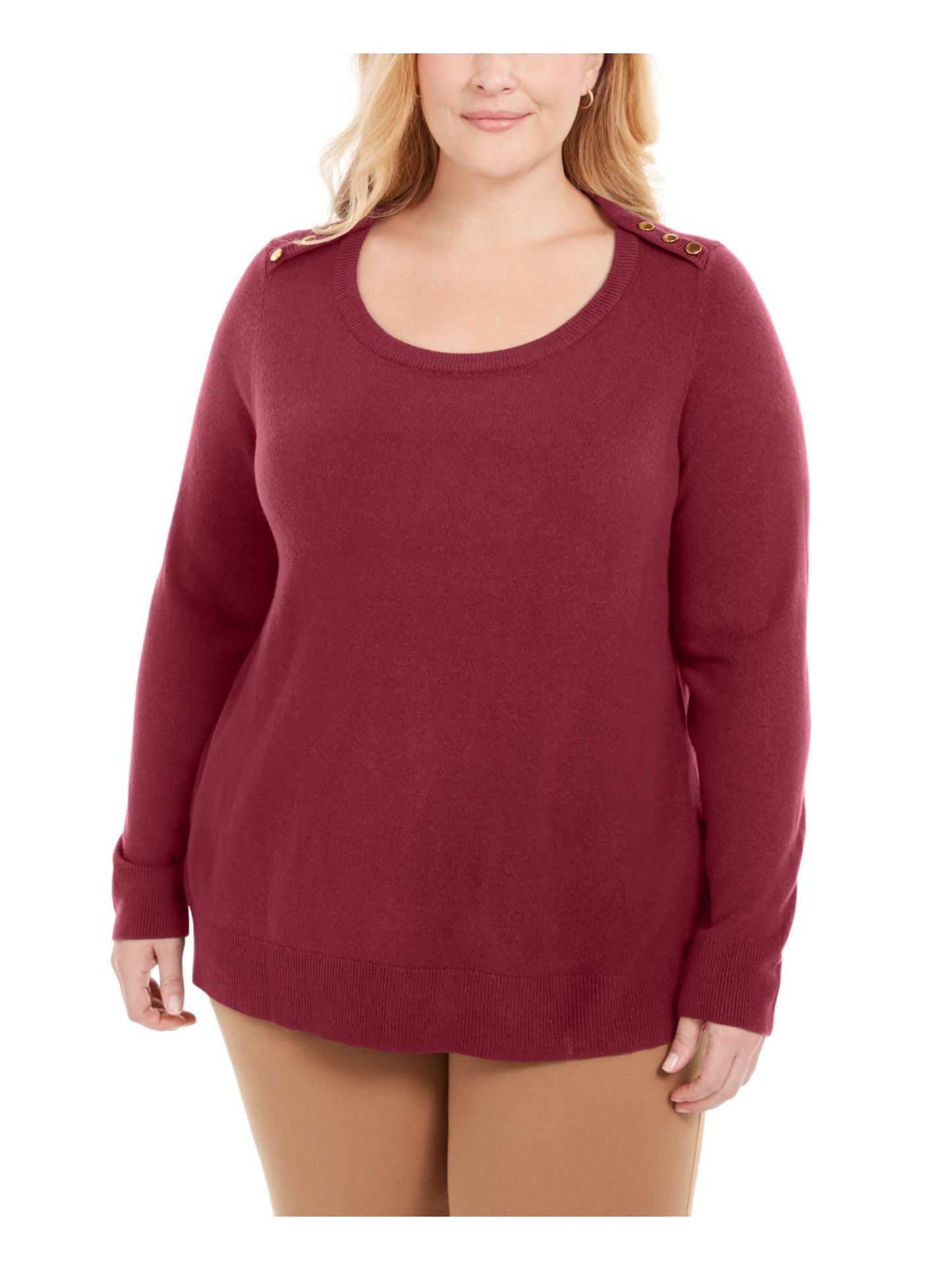 Camiseta feminina Karen Scott, manga comprida mesclada, gola redonda, tamanho top, vermelha, tamanho 1X