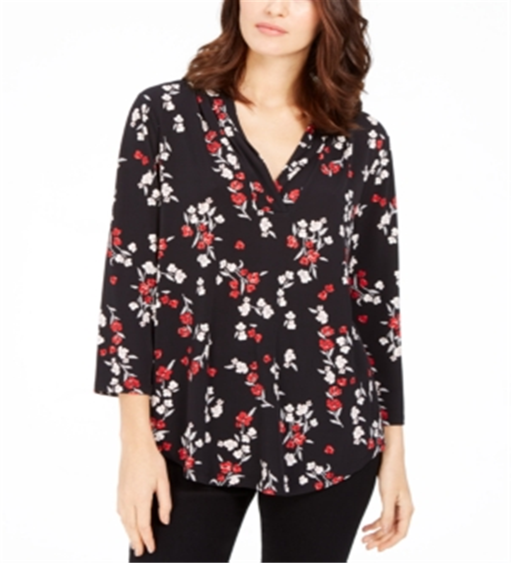 Blusa feminina Charter Club com estampa floral e decote em V, plissada, preta, tamanho grande