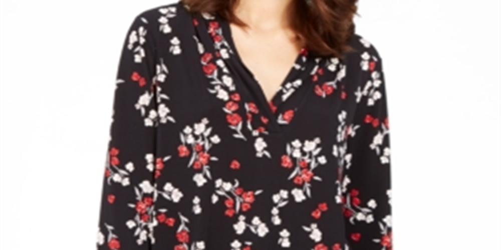 Blusa feminina Charter Club com estampa floral e decote em V, plissada, preta, tamanho grande