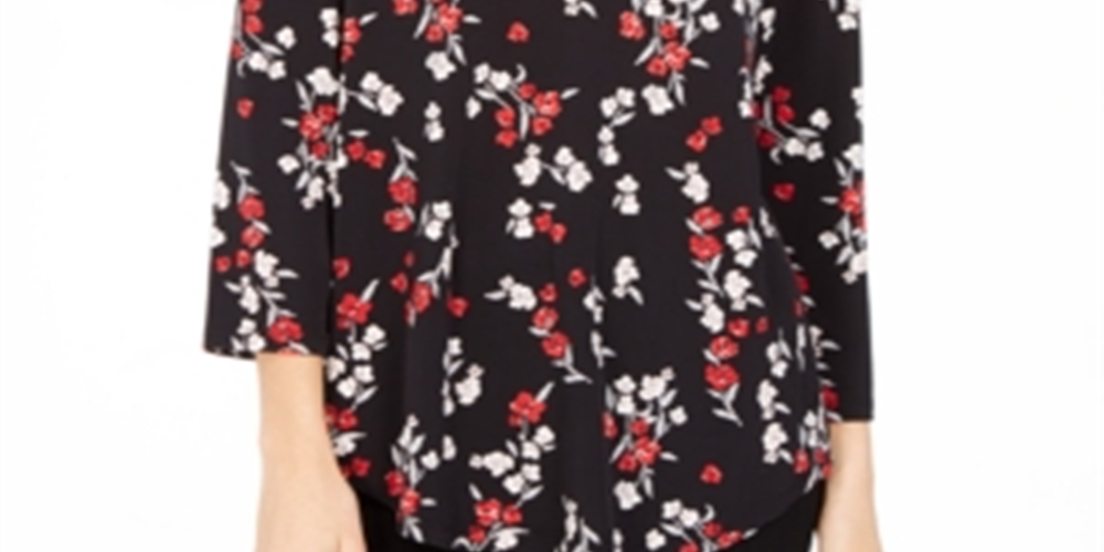 Blusa feminina Charter Club com estampa floral e decote em V, plissada, preta, tamanho grande