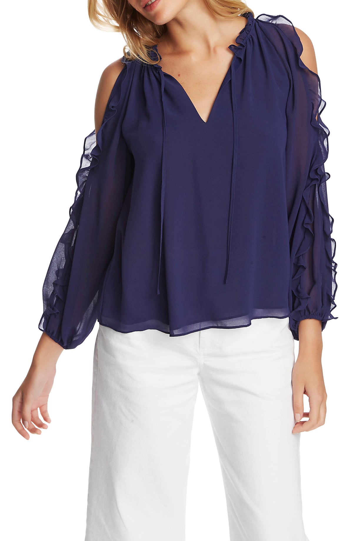 1.STATE Blusa feminina com babados e ombros descobertos, azul, tamanho extragrande