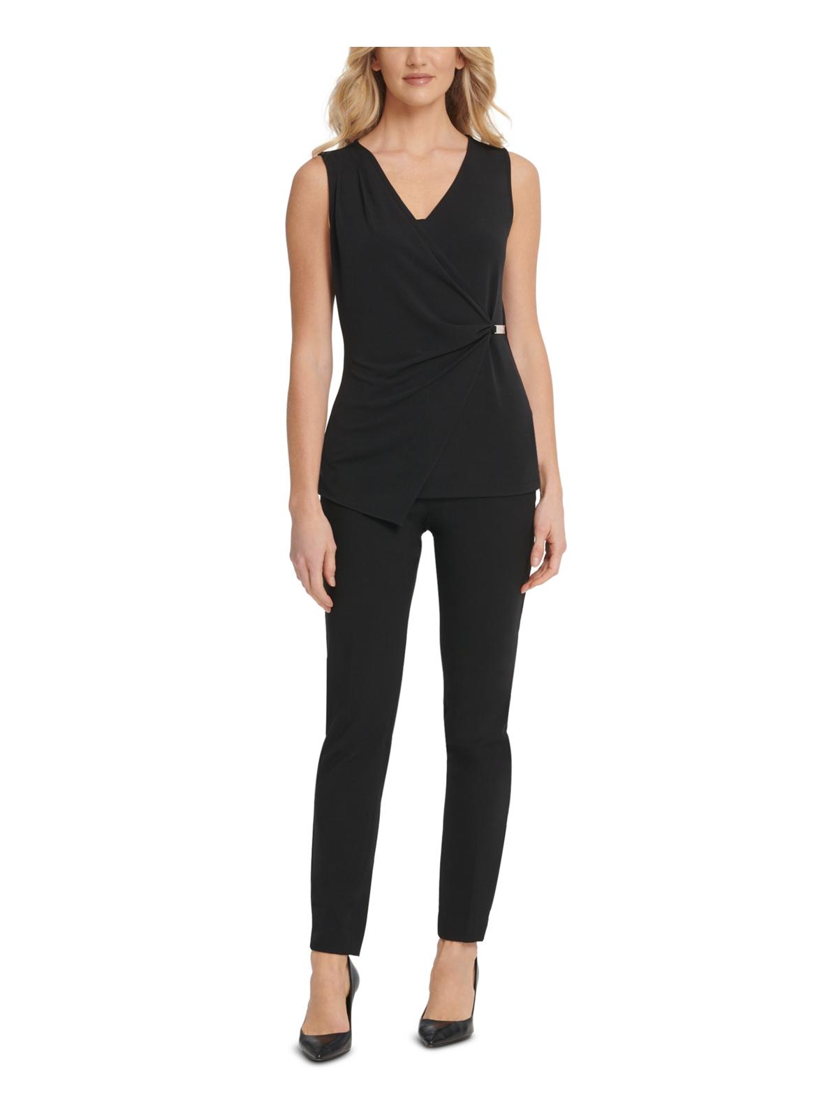 Top DKNY feminino com decote em V e sem mangas, preto, tamanho XL