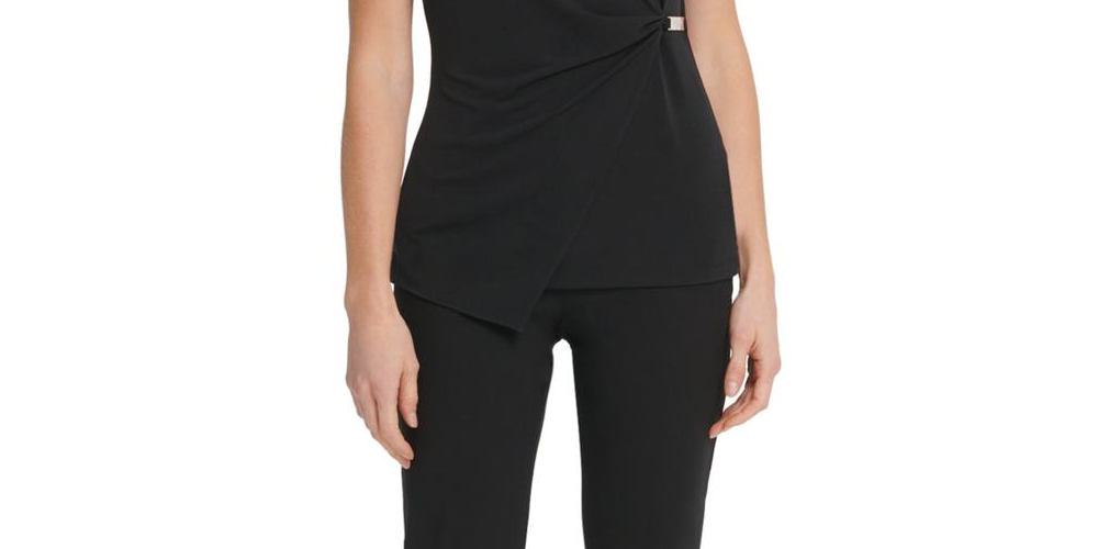 Top DKNY feminino com decote em V e sem mangas, preto, tamanho XL