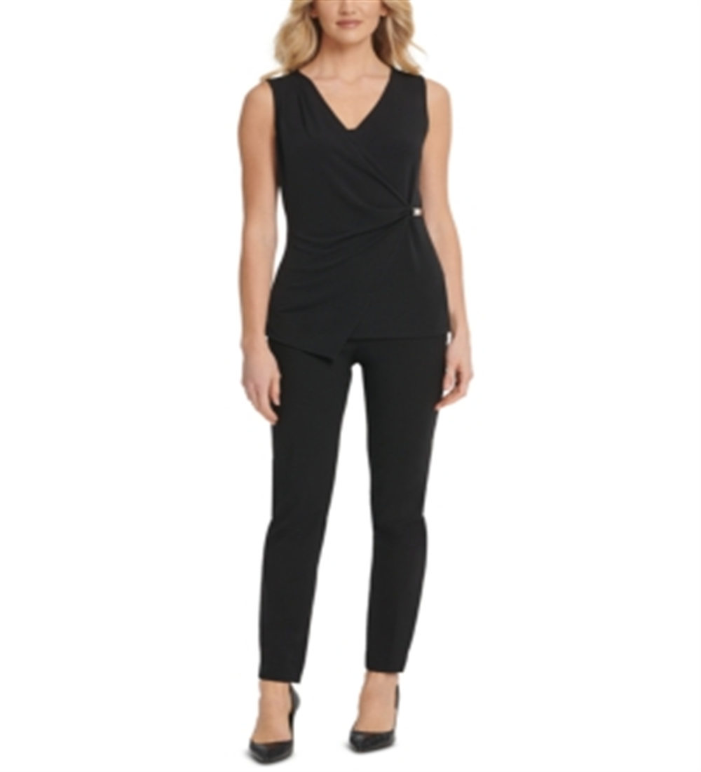 Top DKNY feminino com decote em V e sem mangas, preto, tamanho XL