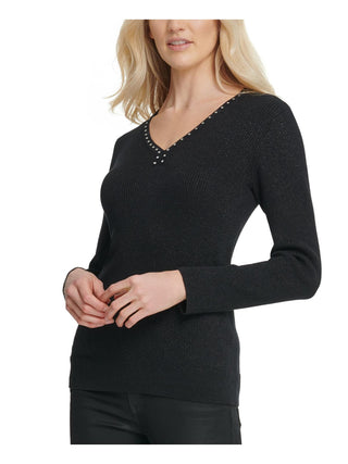DKNY Women's Pullover Sweater Embellished V Neck Black Size Large