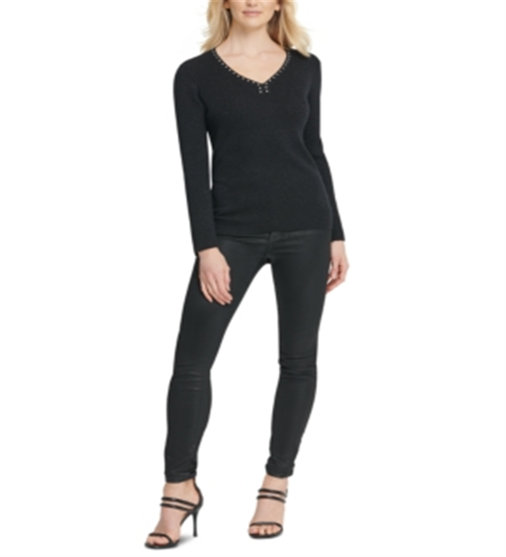 Suéter DKNY Feminino com Decote em V e Detalhe Preto Tamanho Grande