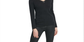 DKNY Women's Pullover Sweater Embellished V Neck Black Size Large