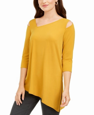 Blusa feminina Alfani de malha assimétrica com ombros descobertos, dourada, tamanho P