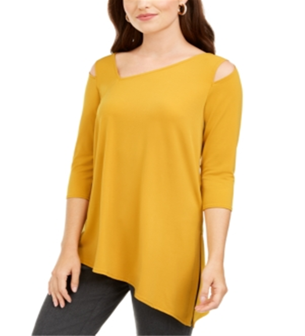 Blusa feminina Alfani de malha assimétrica com ombros descobertos, dourada, tamanho P