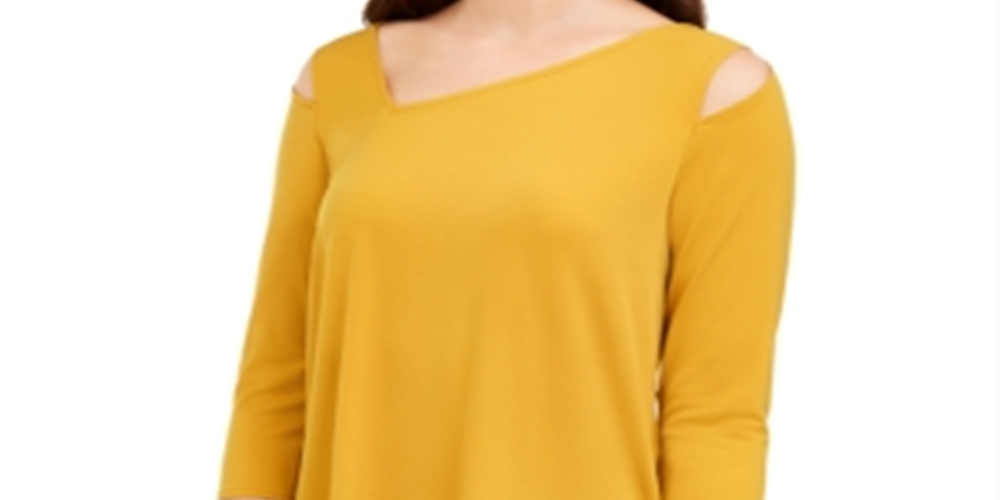 Blusa feminina Alfani de malha assimétrica com ombros descobertos, dourada, tamanho P