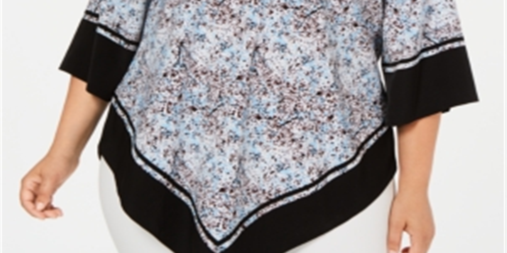 Blusa feminina Alfani plus size com estampa de V e borda azul com respingos, tamanho 1X