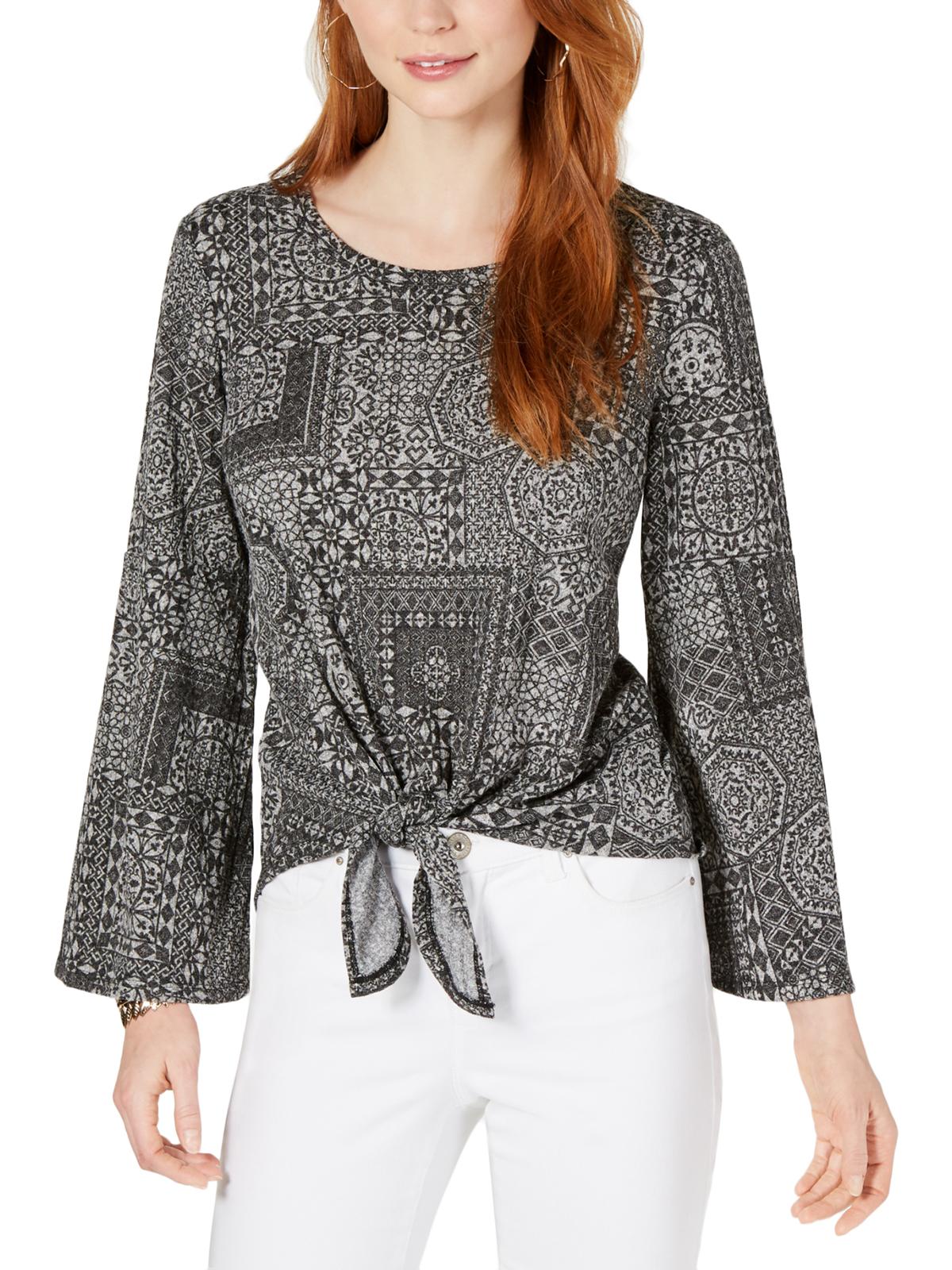 Blusa feminina estampada com amarração frontal, preta, tamanho pequeno G, da Style &amp; Co.