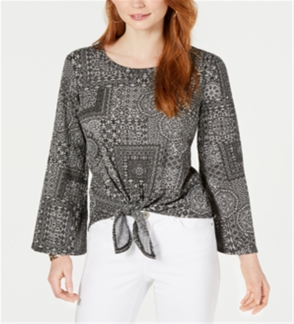 Blusa feminina estampada com amarração frontal, preta, tamanho pequeno G, da Style &amp; Co.