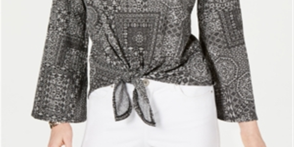 Blusa feminina estampada com amarração frontal, preta, tamanho pequeno G, da Style &amp; Co.