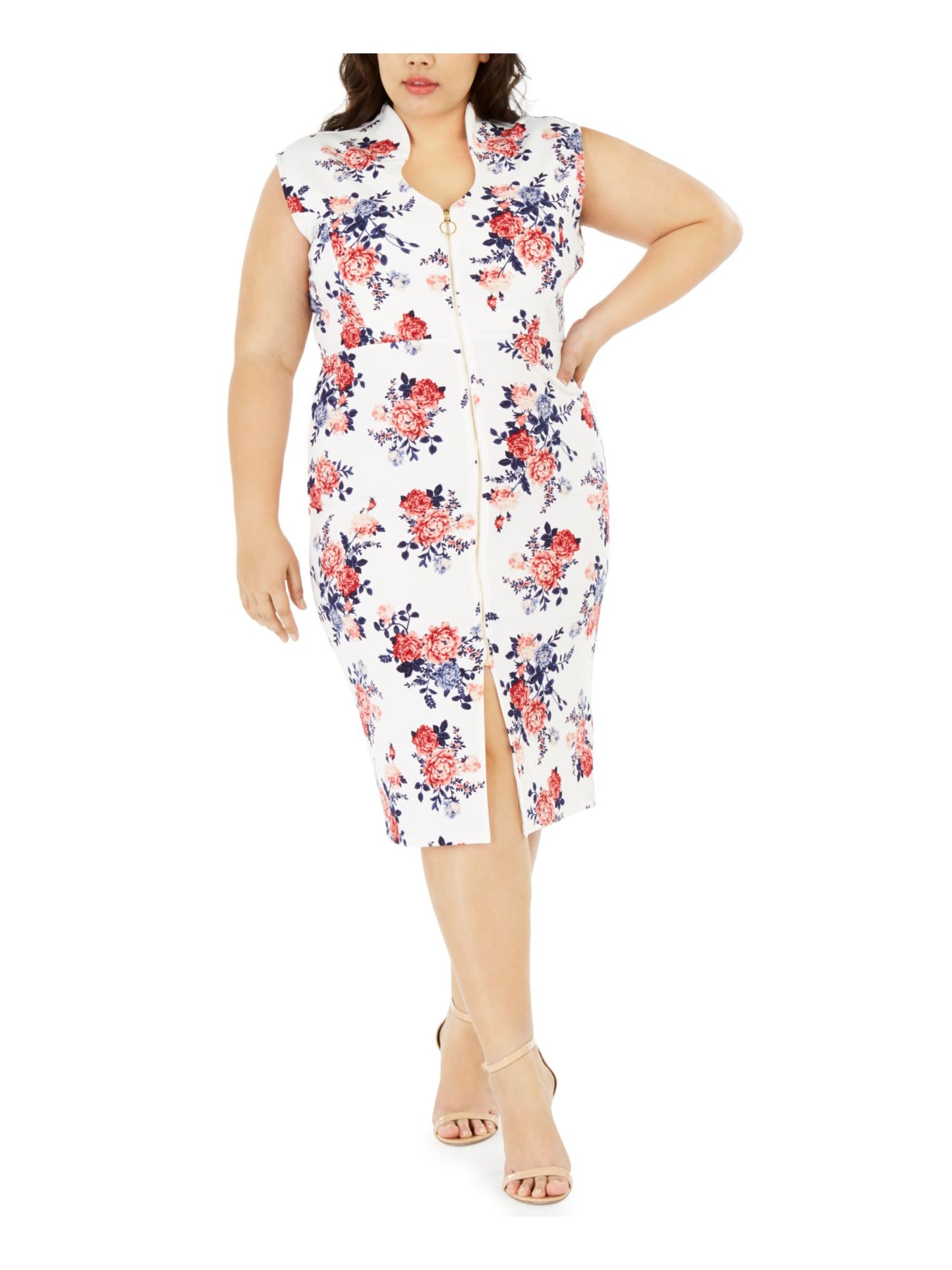 Vestido feminino com manga curta floral e decote em V abaixo do joelho CRAVE FAME, cor marfim, tamanho 2X