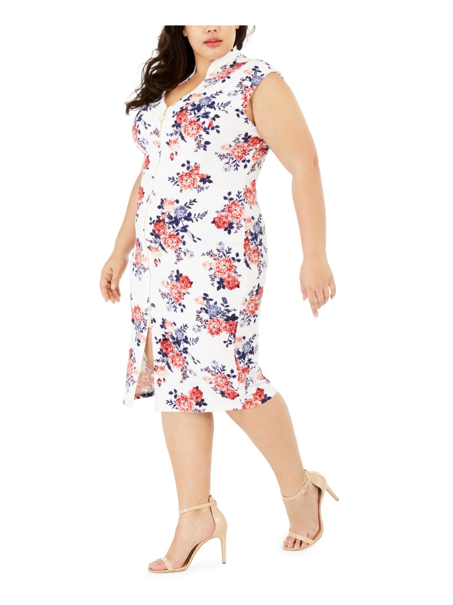 Vestido feminino com manga curta floral e decote em V abaixo do joelho CRAVE FAME, cor marfim, tamanho 2X
