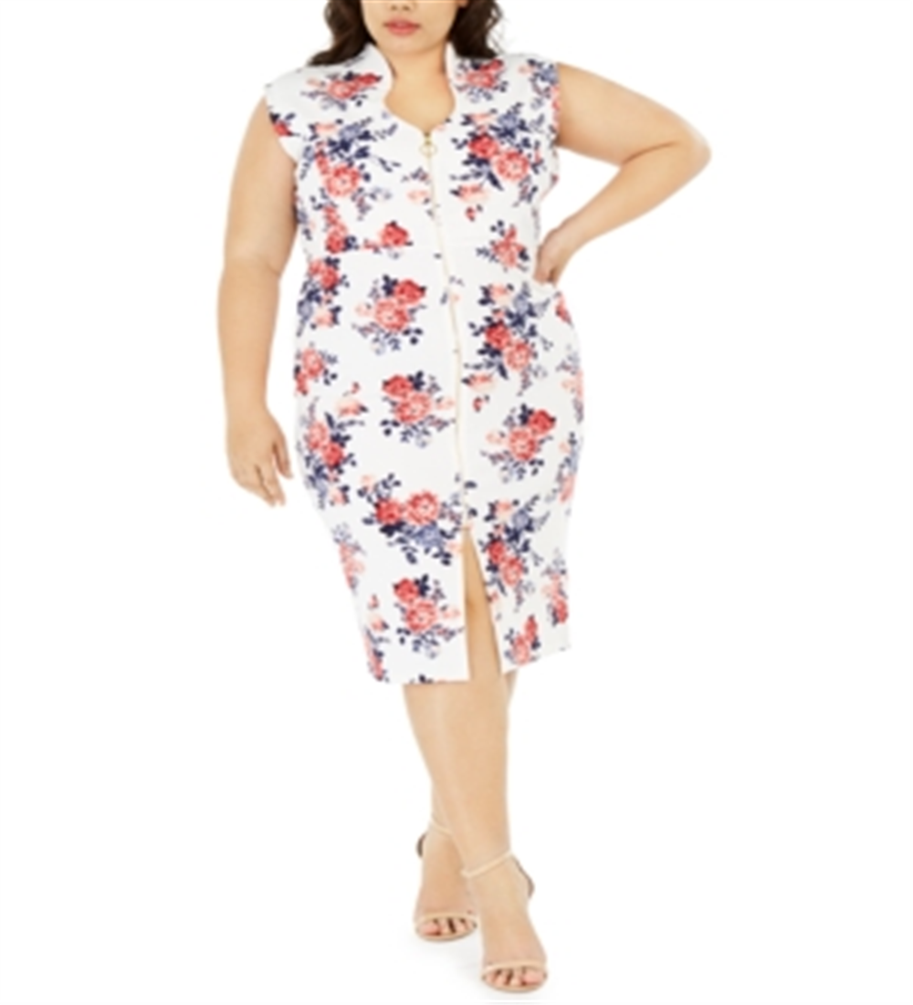 Vestido feminino com manga curta floral e decote em V abaixo do joelho CRAVE FAME, cor marfim, tamanho 2X