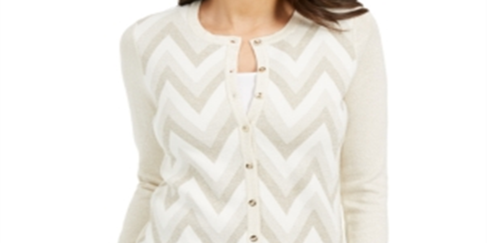 Cardigan feminino Charter Club Petite Chevron com estampa metálica e fios Cloud Combo, branco, tamanho Petite S