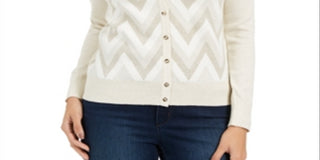 Cardigan feminino Charter Club Petite Chevron com estampa metálica e fios Cloud Combo, branco, tamanho Petite S