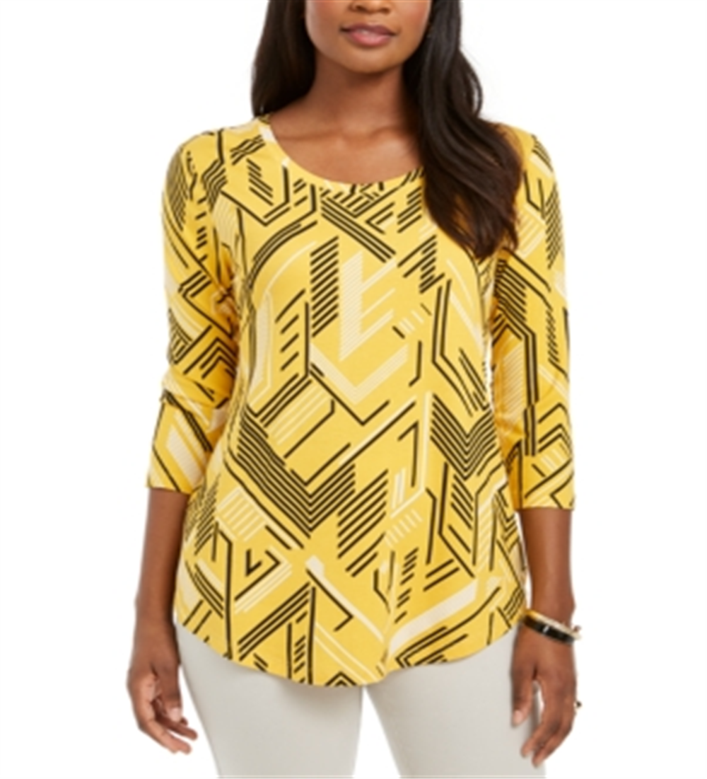 Blusa feminina estampada com manga 3/4 e decote redondo, tamanho P, amarela, da coleção JM