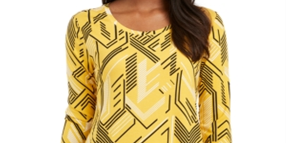 Blusa feminina estampada com manga 3/4 e decote redondo, tamanho P, amarela, da coleção JM