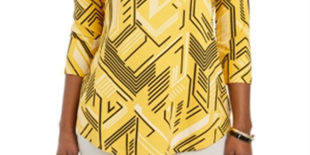Blusa feminina estampada com manga 3/4 e decote redondo, tamanho P, amarela, da coleção JM