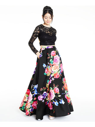 Vestido formal feminino B DARLIN com estampa floral e manga comprida, comprimento total, preto, tamanho 13/14