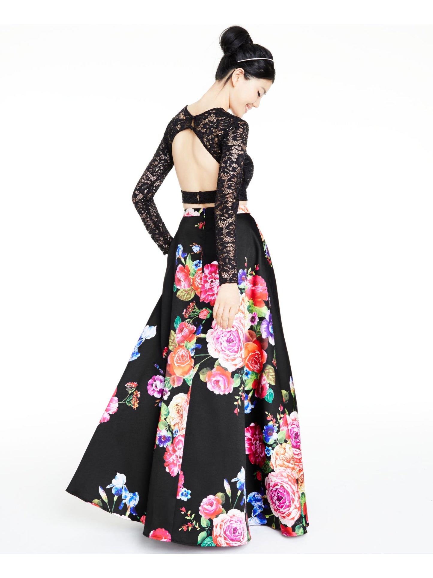 Vestido formal feminino B DARLIN com estampa floral e manga comprida, comprimento total, preto, tamanho 13/14