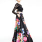 Vestido formal feminino B DARLIN com estampa floral e manga comprida, comprimento total, preto, tamanho 13/14