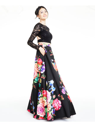 Vestido formal feminino B DARLIN com estampa floral e manga comprida, comprimento total, preto, tamanho 13/14