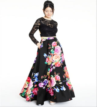 Vestido formal feminino B DARLIN com estampa floral e manga comprida, comprimento total, preto, tamanho 13/14